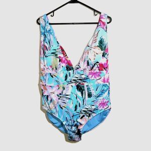 New Coastal Waves Turquoise Floral Tropical Swimsuit 3X